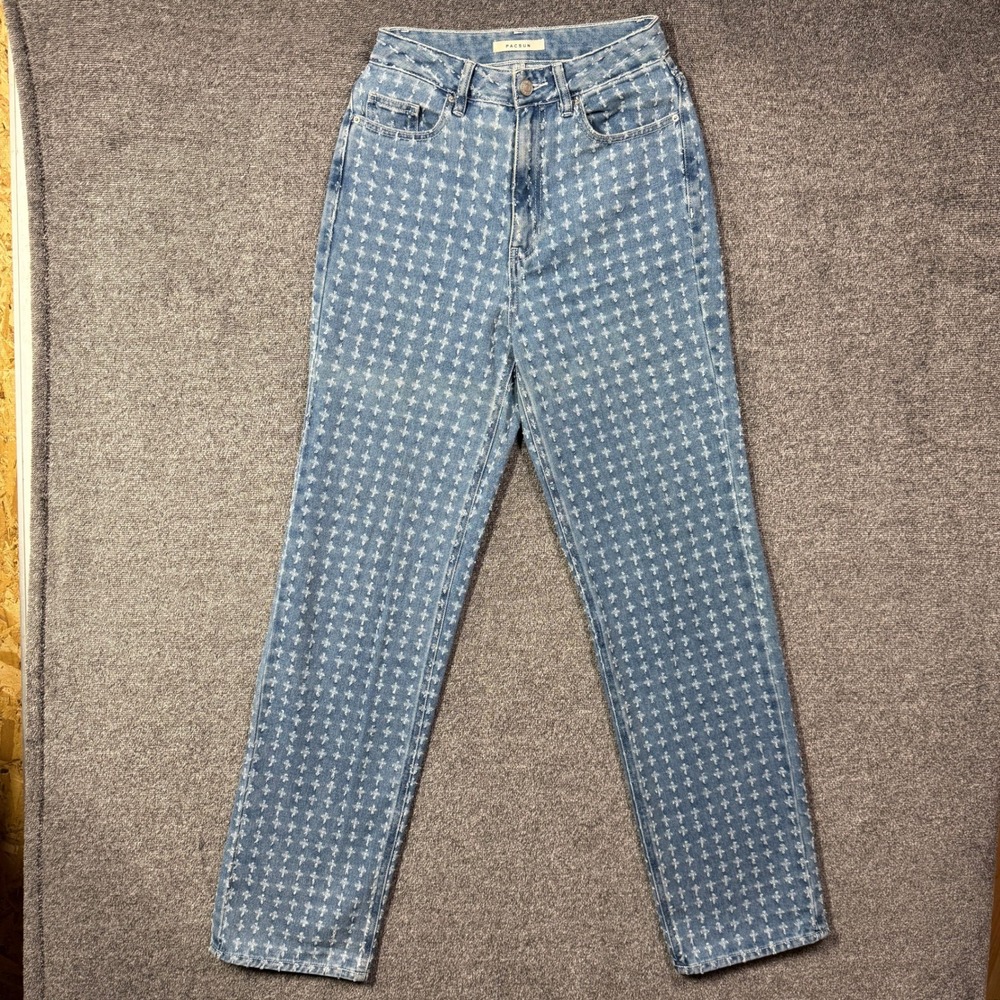 PacSun 90s Boyfriend Jeans Light Wash Distressed Cross Pattern Denim Size 26